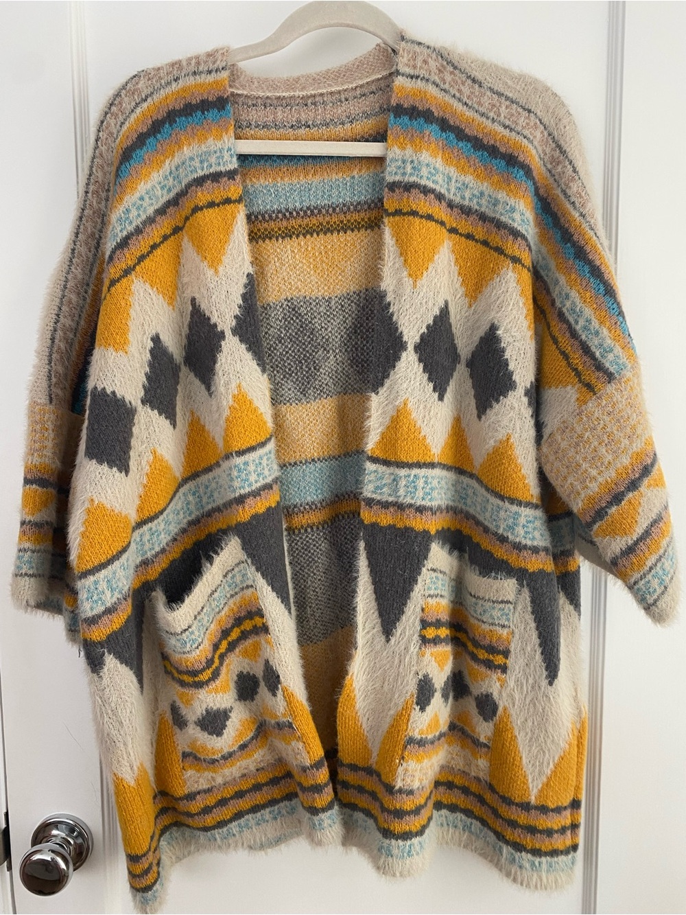 Three Bird Nest Mustard, Gray & Cream Geometric Open-Front Cardigan